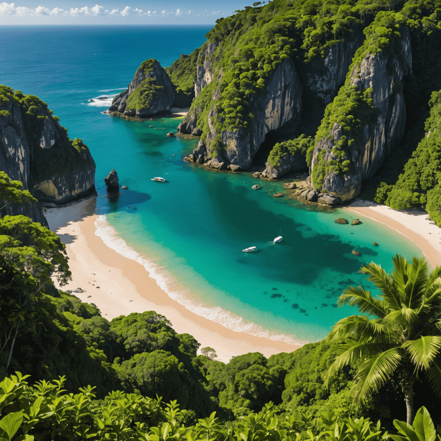 Vista panorâmica de uma praia escondida no Brasil, com águas cristalinas e vegetação exuberante