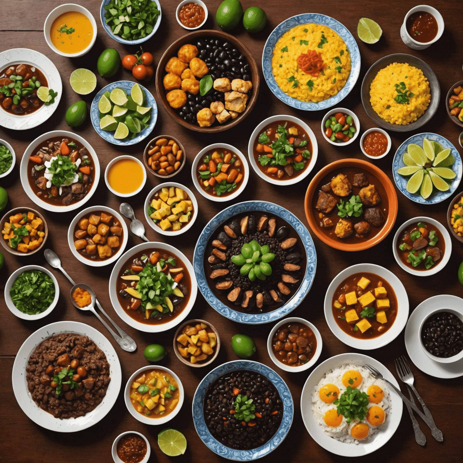 Uma mesa farta com diversos pratos típicos brasileiros, incluindo feijoada, moqueca, acarajé e brigadeiros