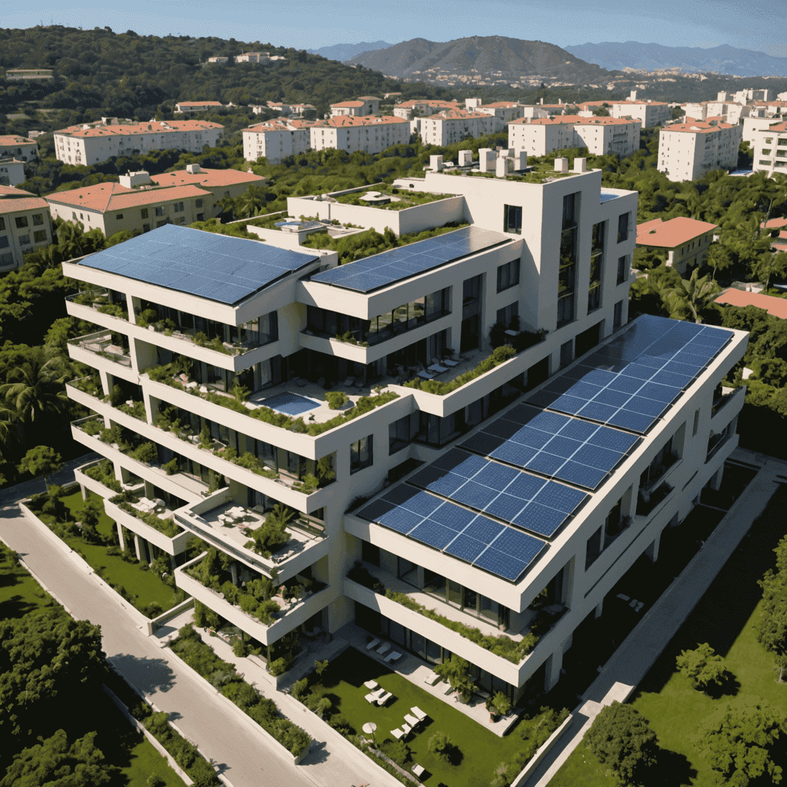 Vista panorâmica do Hotel Desorto com painéis solares no telhado e jardins verdes ao redor