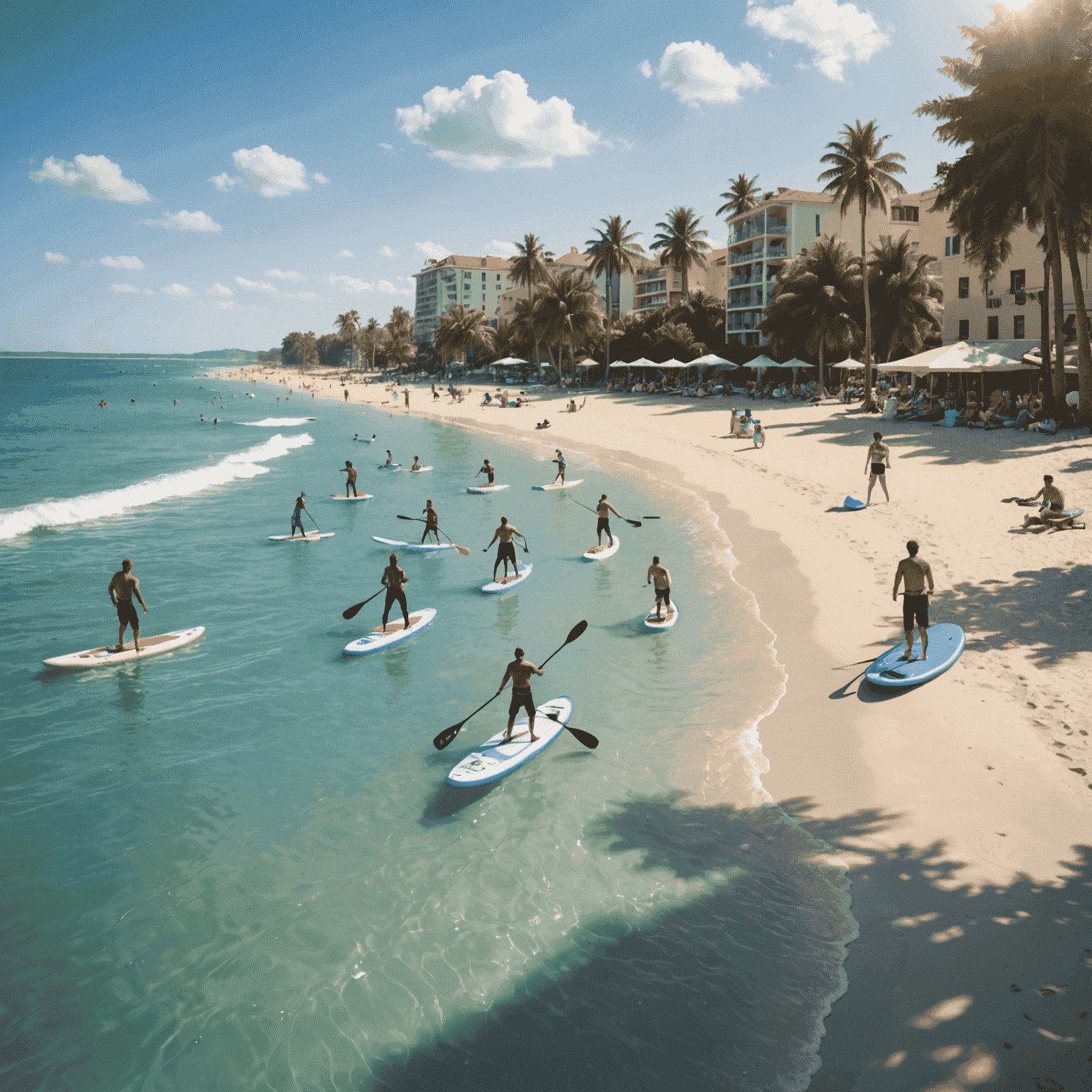 Vista panorâmica de uma praia ensolarada com pessoas praticando diversos esportes aquáticos, incluindo surf, stand-up paddle e caiaque