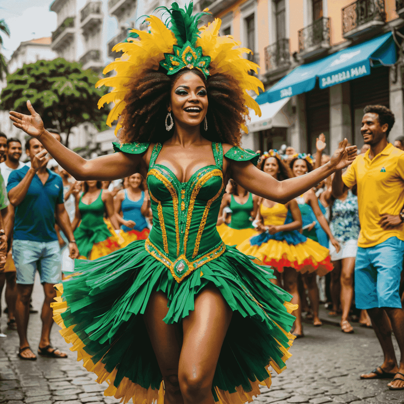 Dançarinos de samba em trajes coloridos se apresentando em uma rua do Rio de Janeiro, com multidão animada assistindo