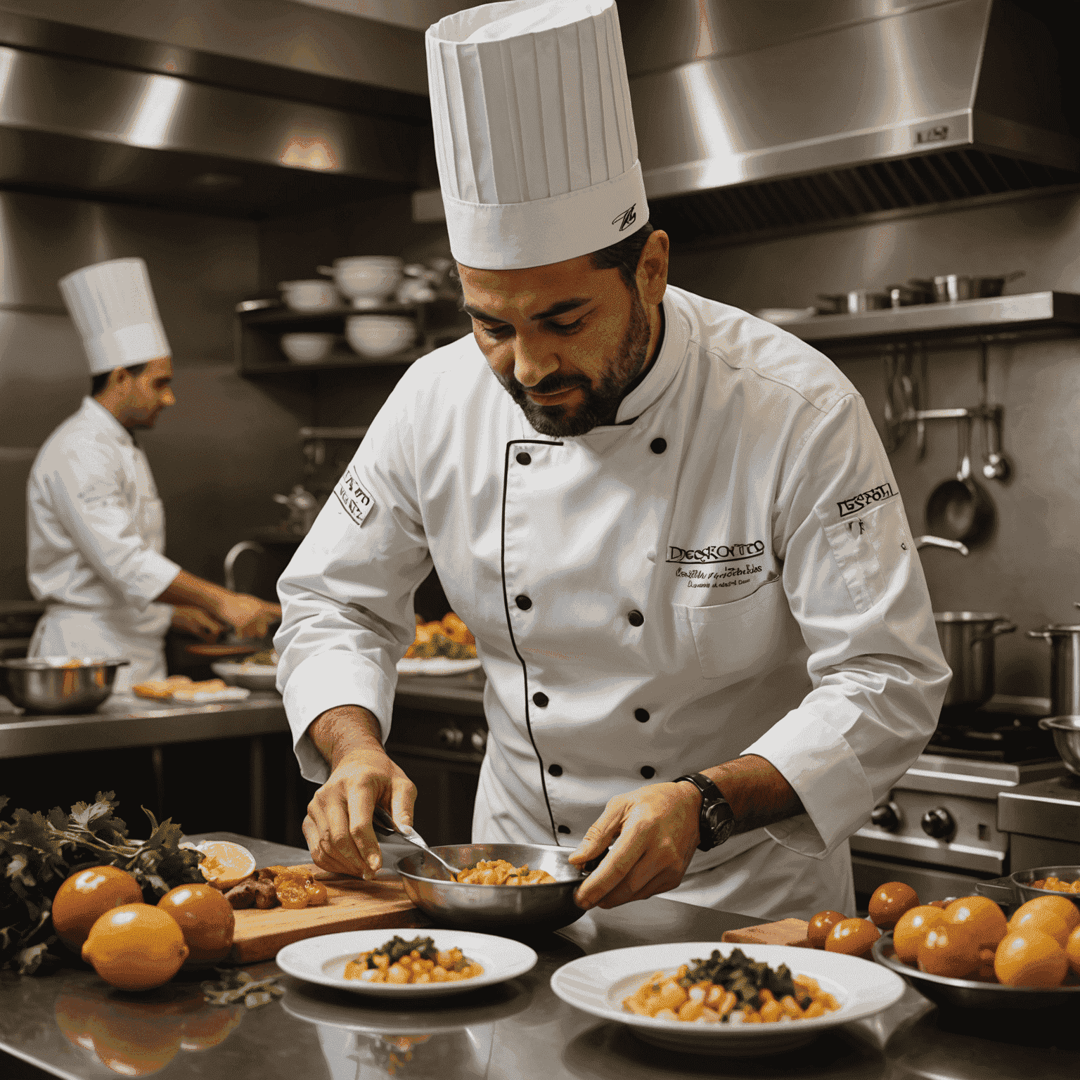 Foto de João Santos, chef executivo do desorto Hotel, preparando um prato gourmet na cozinha do hotel