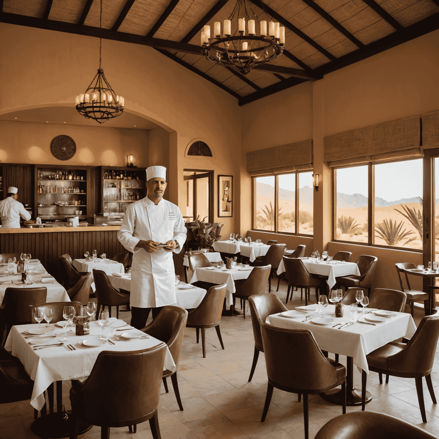 O elegante restaurante do desorto Hotel com mesas bem arrumadas e um chef preparando pratos brasileiros em uma cozinha aberta