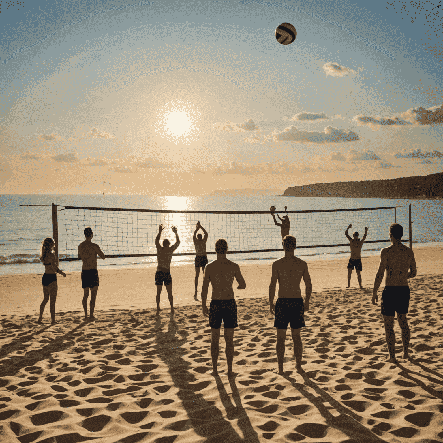 Grupo de pessoas jogando vôlei de praia com o mar ao fundo e o sol se pondo