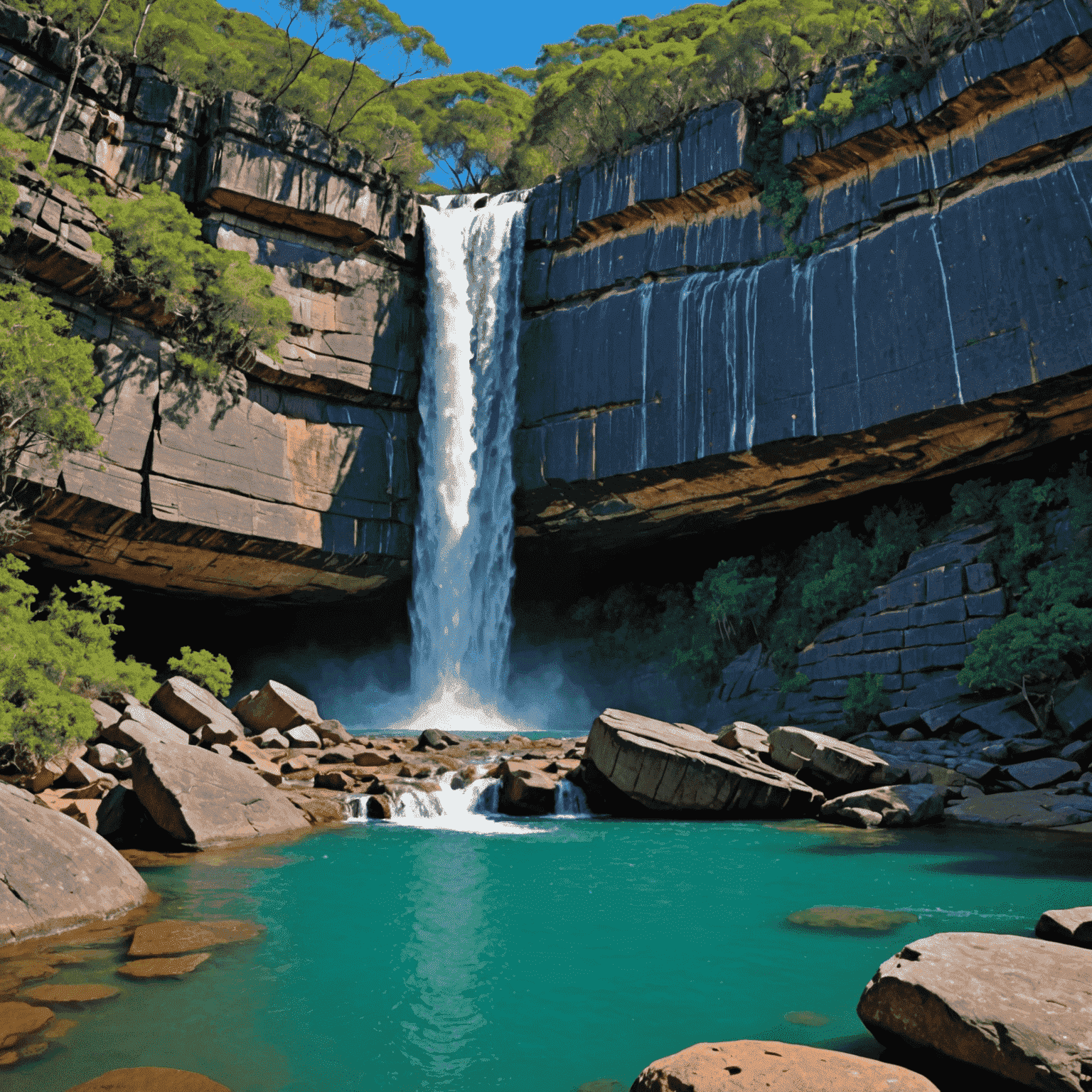 Cachoeira exuberante na Chapada dos Veadeiros, com águas azuis caindo sobre rochas antigas