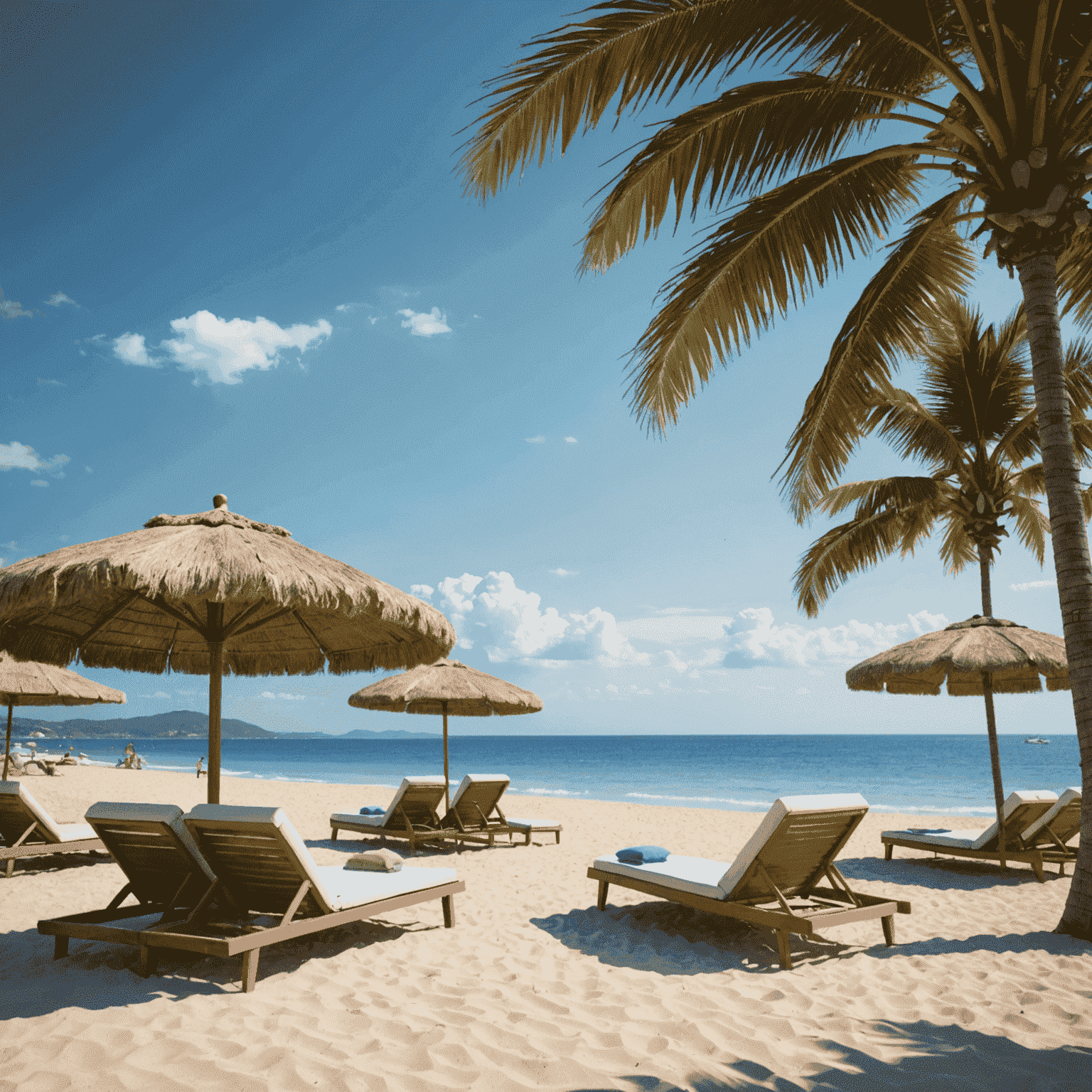 Espreguiçadeiras e guarda-sóis na praia com o mar calmo ao fundo e algumas pessoas relaxando