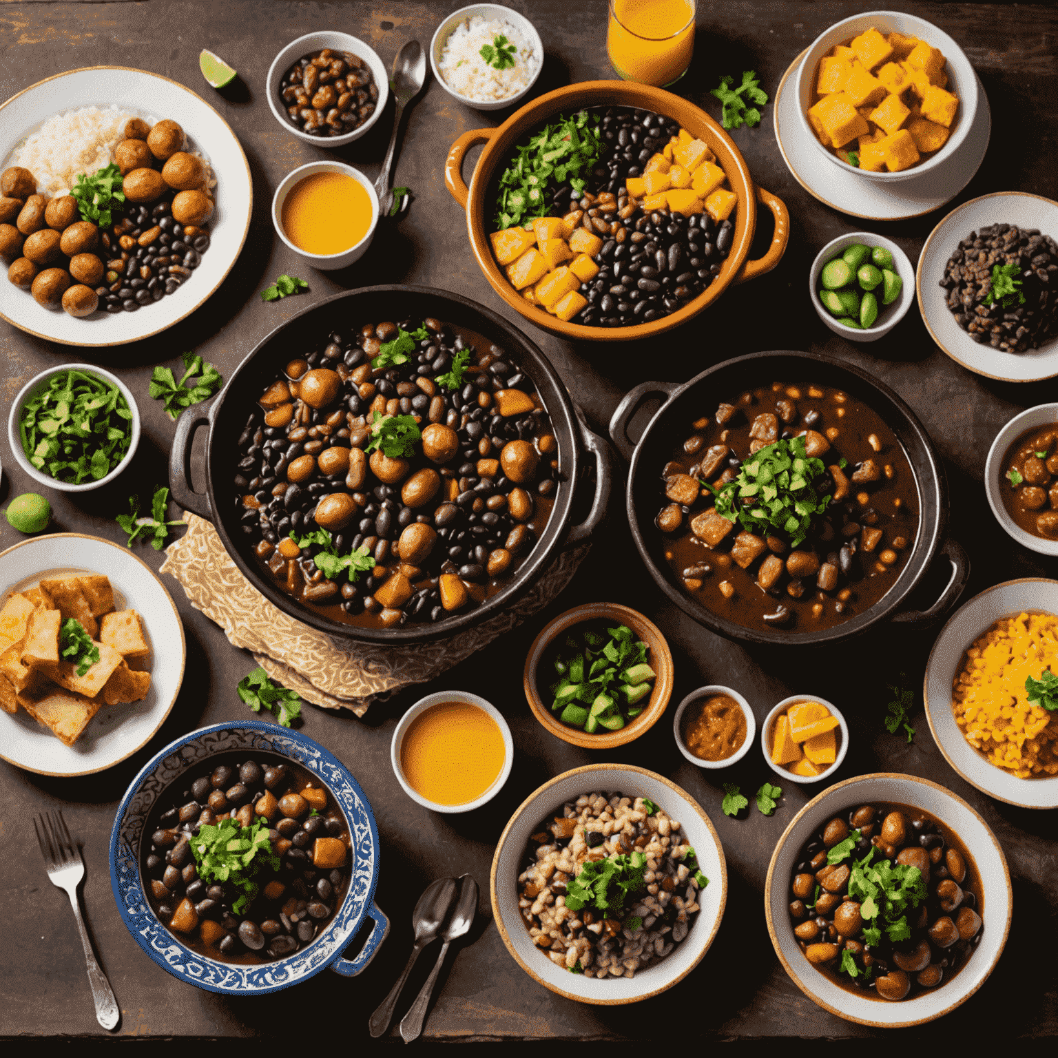 Pratos de feijoada tradicional brasileira com acompanhamentos, servidos em uma mesa festiva