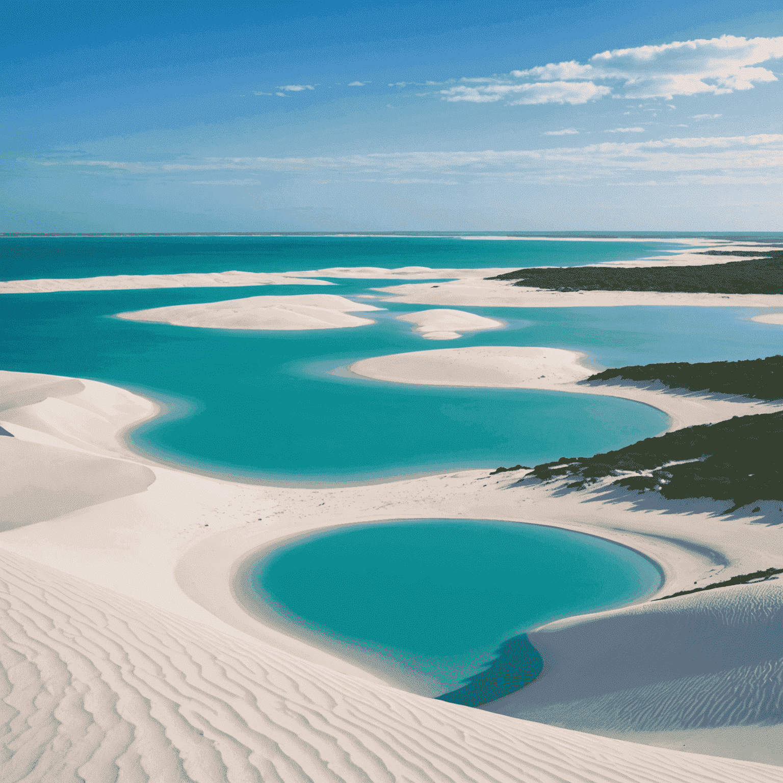 Dunas de areia branca intercaladas com lagoas de água doce azul-turquesa nos Lençóis Maranhenses