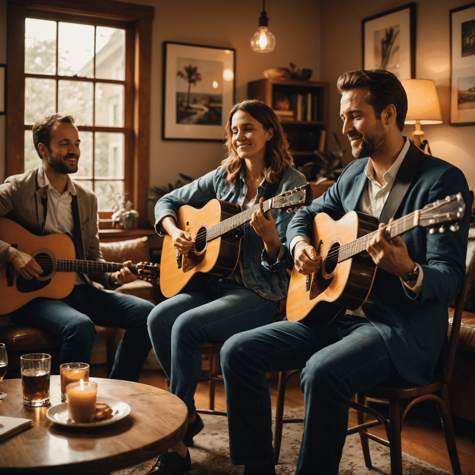 Músicos tocando violão e cantando bossa nova em um ambiente intimista e aconchegante