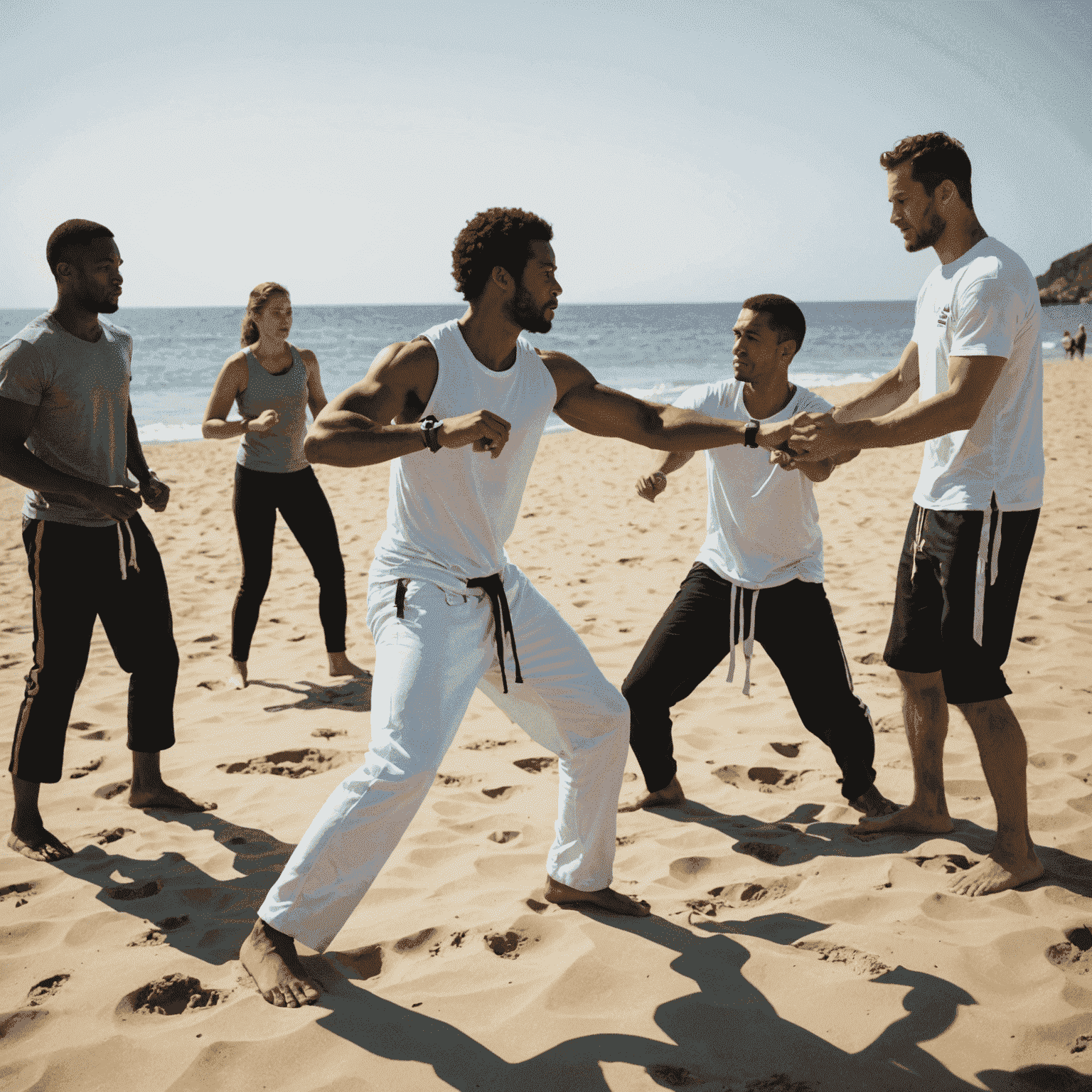 Grupo praticando movimentos de capoeira em uma praia, com instrutor demonstrando técnicas